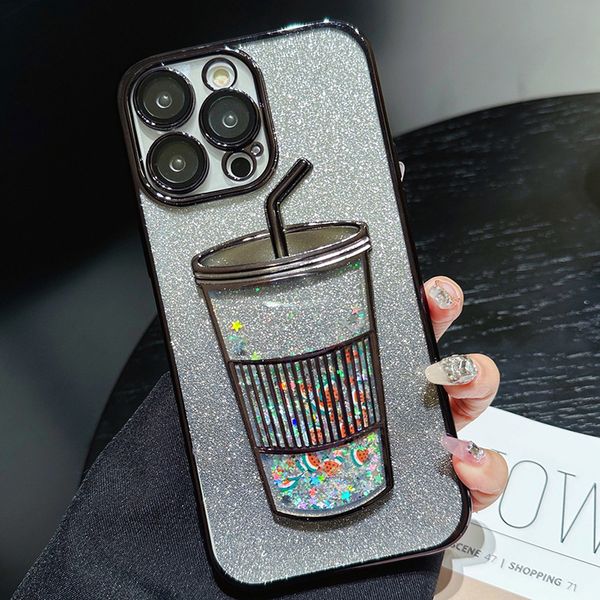 Glitter Transparent Quicksand Phone Case for Apple iPhone 16 15 Samsung Galaxy S25 S24 S23 Chromed 3D Milk Tea Cup Design Lens Film Soft TPU Back Cover Coque Funda Black