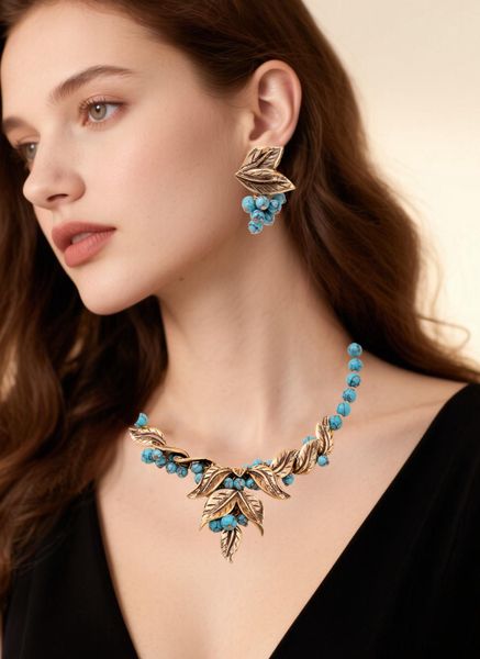 

1 pair or 1 set of alloy plated vintage gold turquoise leaf earrings and necklaces for women's daily date banquet wedding engagement wear accessories, Olive green
