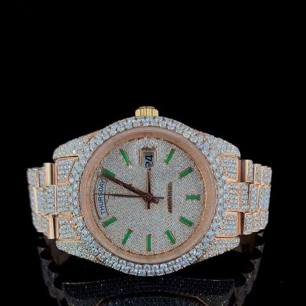 

Handmade men's moissanite for party wear/circular simulated date dial Swiss ETA automatic watch, Pink