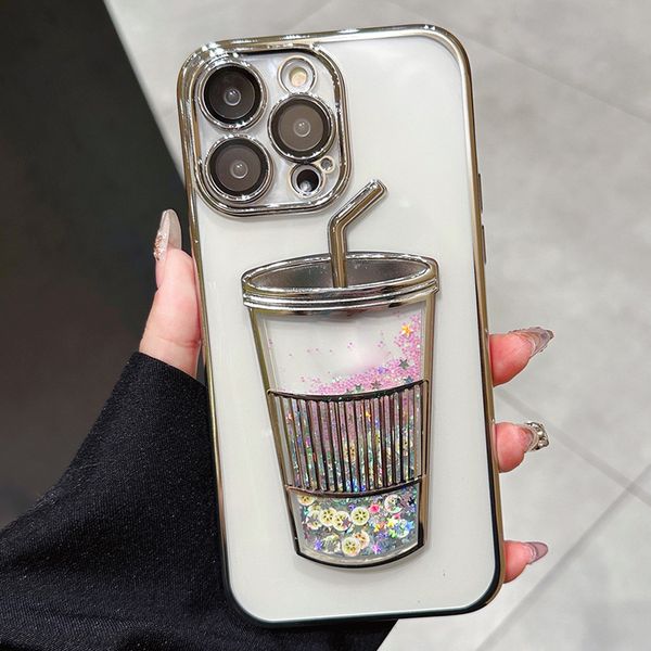Glitter Transparent Quicksand Phone Case for Apple iPhone 16 15 14 Samsung Galaxy S25 S24 Chromed 3D Milk Tea Cup Design Lens Film Soft TPU Back Cover Coque Funda Silver