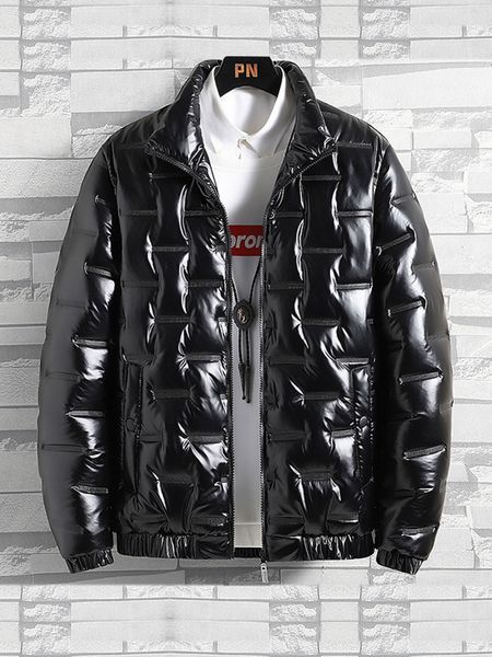 

Black Fashion Shiny PU Leather Jacket for Men, Autumn and Winter Warmth, Windproof Down Fill, Trendy Slim Fit Bomber Jacket