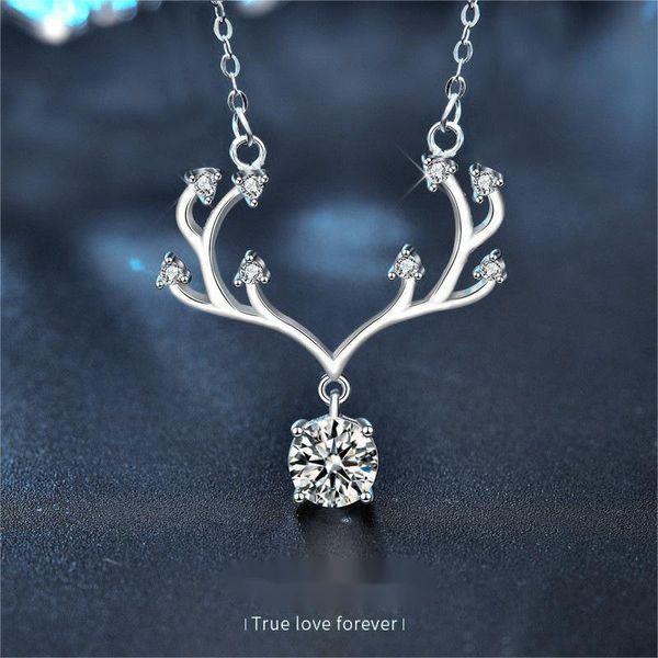 

925 Sterling Silver Antler Pendant Necklace with Moissanite, Unique Christmas Gift for Women, Delicate Collarbone Chain Jewelry