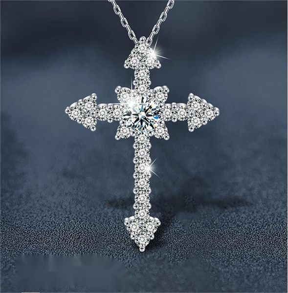 

Luxury Statement Piece: Genuine Sterling Silver Moissanite Cross Neckpiece Adorned with Sparkling Stones