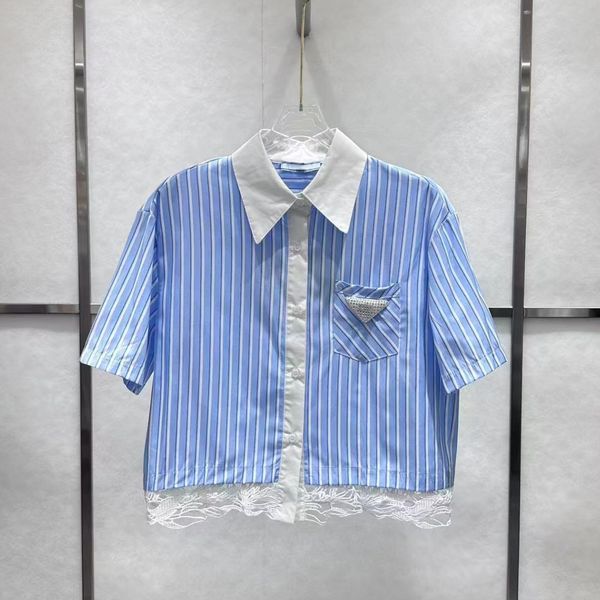 

fashion womens highend brand blouse original Rhinestone triangular mark design female lapel shirt high quality women luxury Stripes blouse, Light sky blue