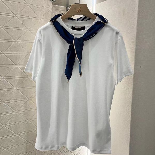 

original Metal letter chain design female T-shirt fashion womens highend brand tees high quality women luxury Silk scarf decoration top, White