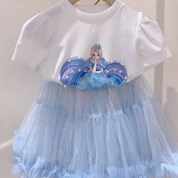 

Elsa princess kids designer clothes Princess birthday party beach dress Girls summer outfit children's short-sleeved t-shirt two-piece set baby ha.., White