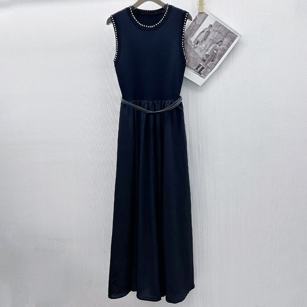 

Designer womens luxury dress evening gown pearl collar pleated skirt waist belt fashion strap waist Long skirt cotton temperament, Black