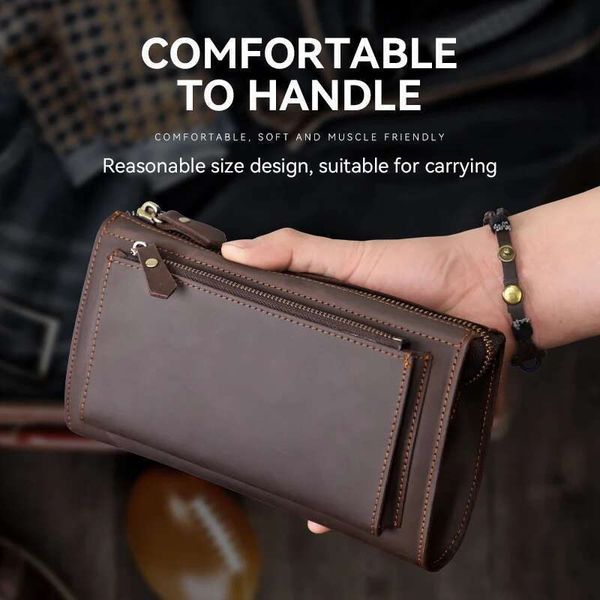 Top Layer Cowhide For Men Vintage Genuine Leather Long Wallet Organizer Phone Purse Handbag Clutch Bag