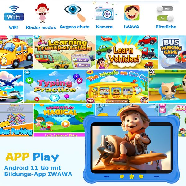 Kids Tablet 7" SIM 2G/3G, Parental Control & EyeProtect, 32GB+6GB, Android 11, Shockproof Case, Edu+Games Preloaded, GMS Certified.