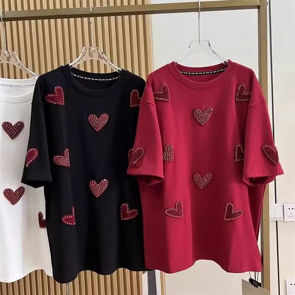 

Elegant Ladies' Oversized Cotton Blend Top Featuring a Three-Dimensional Love Symbol, Red