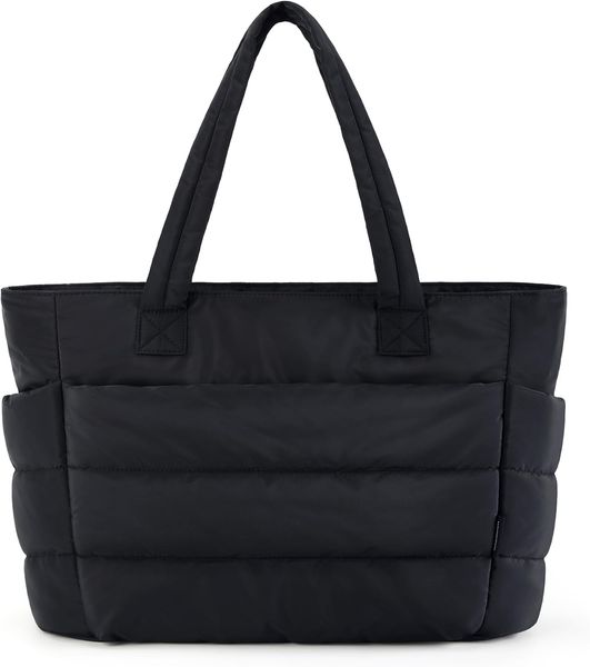

Tote Bag for Women, Lightweight Puffy Tote Bag with Compartments, Quilted Shoulder Bag Handbag for Travel, Work, Black