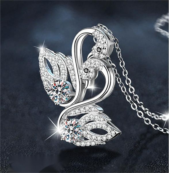

925 Silver Moissanite Double Swan Pendant Necklace Elegant Non-Fade Small Luxury DIY Jewelry for Women