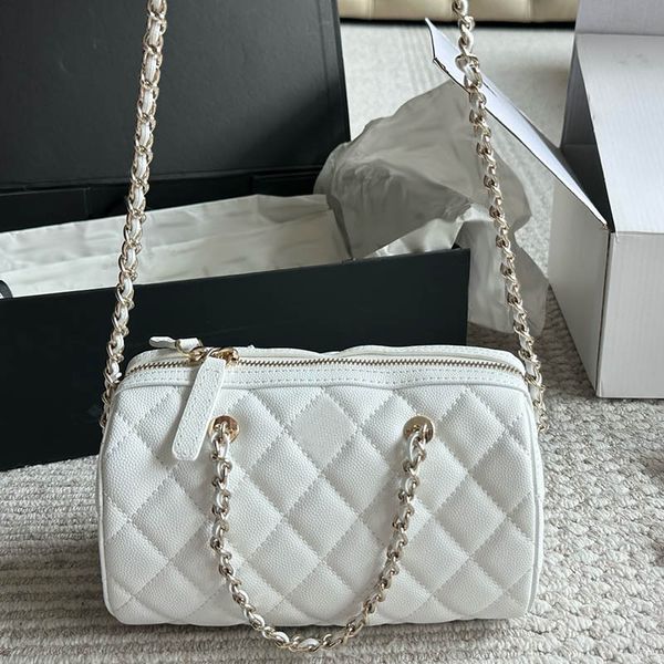 

Ladies Designer Vintage Pillow Bag Zipper Tote Calfskin Caviar Leather Golden Letters Hardware Matelasse Chain Clutch Cosmetic Bags Cross Phone Holder Purse 18.5cm, Black