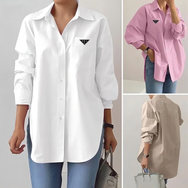

GG-P-R-A Designer Brands Women's Blouses Shirts Elegant Women Long Sleeve Triangle Shirt 2025 Fashion Women blusas Solid Color Split Hem Loose OL Work Shirt White, Pink