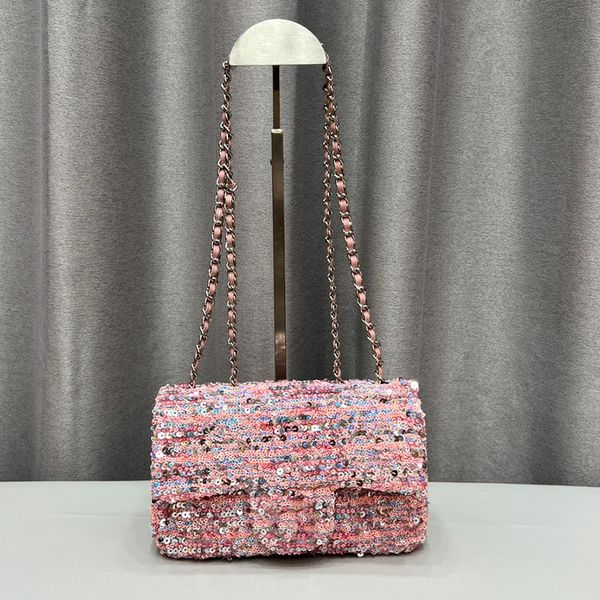 

25c Sequin Bag Fashion Women Shoulder Bag Genuine Leather Flap Sewn Gold Hardware Metal Buckle Matelasse Chain Handbag Makeup Bags Princess Sacoche For Dinner 21cm, Pink