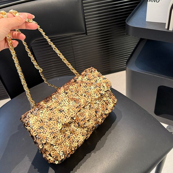 

Cf Sequin Chain Bag Designer Womens Shoulder Bag Genuine Leather, Gold Hardware Metal Locking Matelasse Chain Handbag Crossbody Bag Cosmetic Bag Dinner Sacoche 20cm, Black