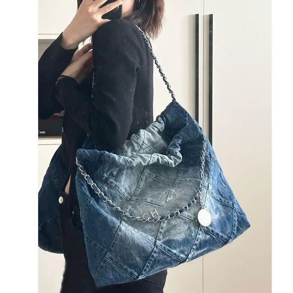 

Designer Cross Vintage denim bag with chain link single shoulder large bag large capacity tote bag, Sky blue