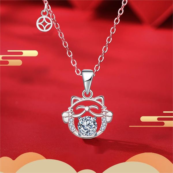 

Chinese Style Necklace 925 Sterling Silver DIY Lucky Cat Moissanite Pendant