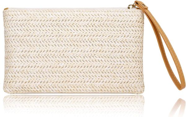 

Womens Straw Clutch Bag Bohemian Summer Beach Straw Purse Zipper Wristlet Wallets for Women, Black