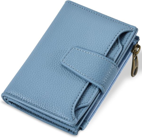 

Small Wallet Women RFID Blocking Soft Leather Bifold Compact Card Holder Wallet for Women with Zipper Coin Pocket 4 ID Window, Blue