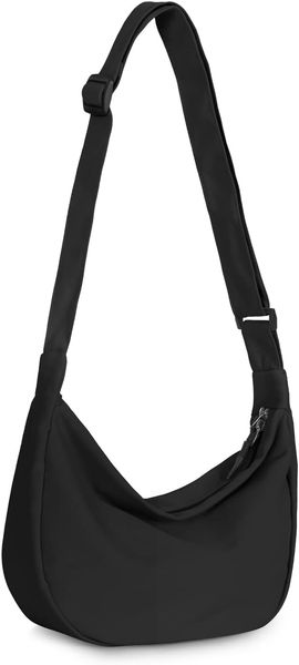 

Small Sling Crossbody Bag for Women Men Trendy, Mini Crescent Bag with Adjustable Strap, 2 Zippers Lightweight Nylon Bag, Black