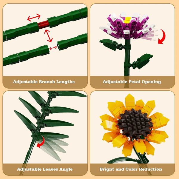 Sunflower Bouquet Flowers Building Blocks Set Home Decor Botanical Collection Bricks Toys for Adults Mothers Day Christmas Gift X2505091
