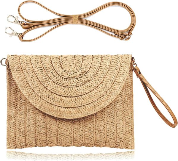 

Straw Clutch Handbag Summer Beach Straw Purse for Women woven Envelope Bag, Khaki