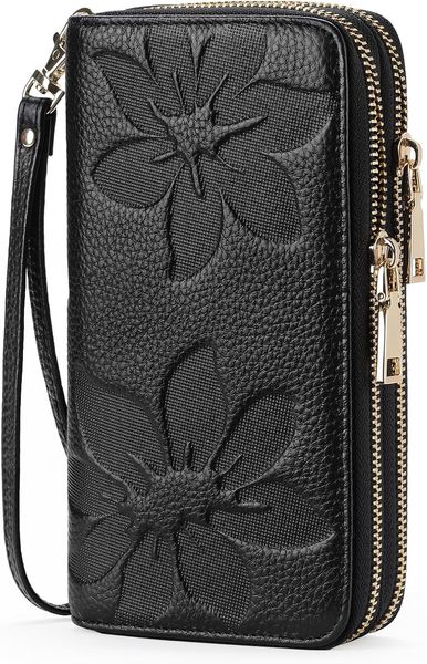 

Women's Wallet Large Capacity Double Zip Ladies Card Phone Holder RFID Blocking Wristlet Leather, Black