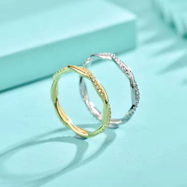 

925 Sterling Silver Twisted Rope Ring, Set with Zirconia, Platinum Plating, European and American Style Bestseller Jewelry, Wholesale