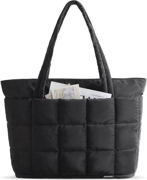 

Expandable Tote Bag for Women, Zipper Puffer Work Tote with Water-Resistant Quilted, Nurse and Carry-On Travel Bag, Black