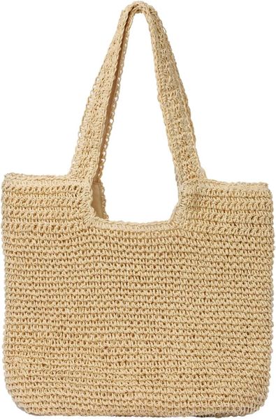

Beach Bags for Women - Summer Soft Large Woven Shoulder Purse Handbag, Beach Tote Straw Bag for Summer Vacation, Khaki