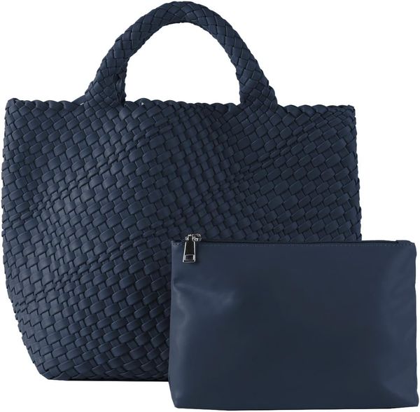 

Woven Vegan Leather Handmade Tote for Women - Summer Beach Travel Hand Bag, Satchel Handbag, Blue
