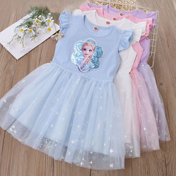 

Frozen Princess Elsa kids toddler designer Summer children clothes girl dress with flying sleeves and sequins cartoon mesh dress., Wathet blue