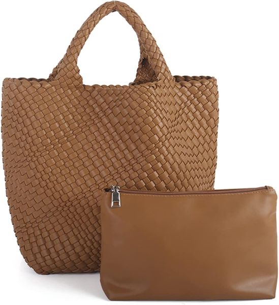 

Woven Vegan Leather Handmade Tote for Women - Summer Beach Travel Hand Bag, Purse, Satchel Handbag, Brown