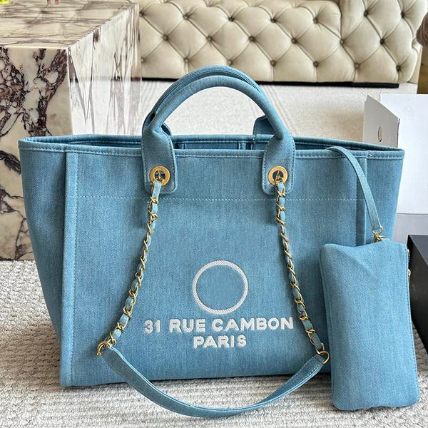 

Designer Women Blue Denim Beach Shopping Bag with Top Handle Two-Tone White Letters Pattern Gold Matelasse Chain Large Capacity Shoulder Tote Coin Wallet 38x30cm