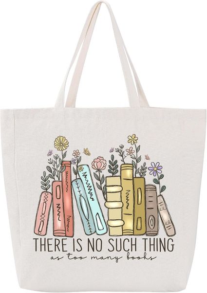 

Cute Canvas Tote Bag with Pockets for Adultss Women - Reading Accessories, Librarian, Bookish, Readers, Author, Library Present, White