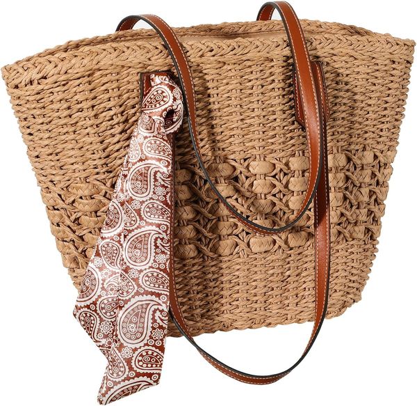 

Beach Bags for Women, Summer Straw Bag, Woven Straw Beach Tote Bag Shoulder Handbags, Beige