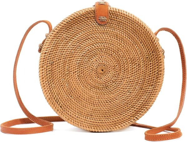 

Round Rattan Bag for Women - Handmade Ata Wicker Woven Purse - Circle, Square, Oval Brown Straw Boho Bags, Orange