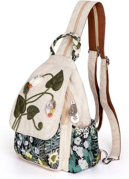 

Girl's Convertible Sling Bag, Hand Craft Artisan Purse, Beautiful Canvas Premium Casual Day Mini Backpack for Women (Green Marsh), Beige
