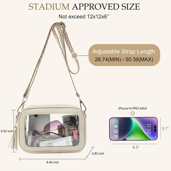 

Clear Crossbody Bag Stadium Approved - Waterproof Clear Purses for Women Stadium Bag with Adjustable Guitar Strap, Beige