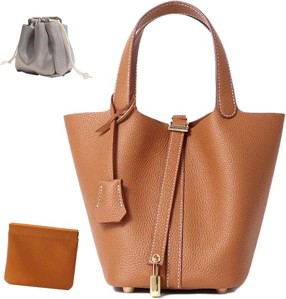 

Genuine Leather Lock Design Bucket Bag Vegetable Basket, Fashionable and Versatile Shoulder Handbag, Chocolate