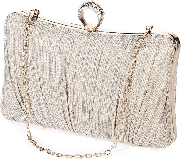 

Elegant Pleated Glitter Evening Bags Clutch for Women Formal Bridal Wedding Purse Prom Cocktail Party Handbags, Silver