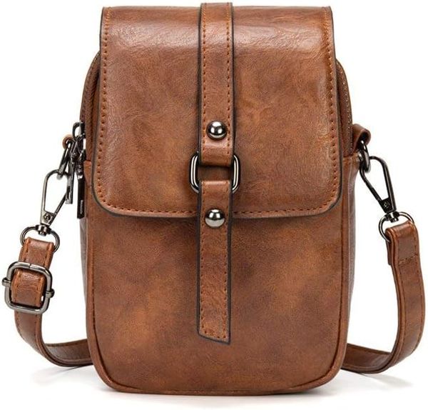 

myfriday Vintage Crossbody Phone Bag for Women, Small Leather Shoulder Purse and Handbag with Tassel Rivet Decoration, Chocolate