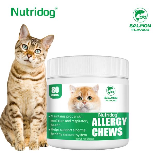 Allergy Relief Chews for Cats With Probiotics, Itchy Skin and Seasonal Allergies Relief, Digestive Health,Salmon Flavor 80 chews