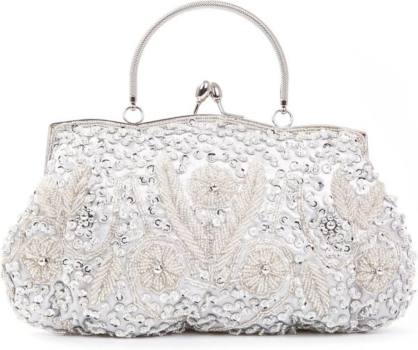 

Women's Evening Bag Beaded Sequin Design Metal Frame Kissing Lock Satin Interior Evening Clutch, White