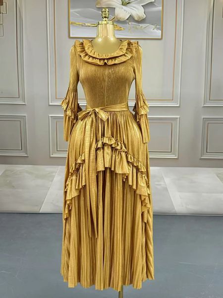 Pleats New Bronzing Lotus Leaf Dense Edge Round Neck Fashion Thin Loose Cross-border Temperament Dresses Women
