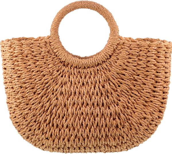 

Frienda Straw Tote Bag Summer Beach Bag Handmade Straw Rattan Woven Handbag for Women Travel, Khaki