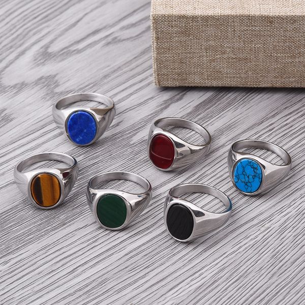 

R3326 Minimalist High Quality Men's/Women Fashion Gemstone style Black agate Tiger Eye Turquoise Stainless Steel Ring