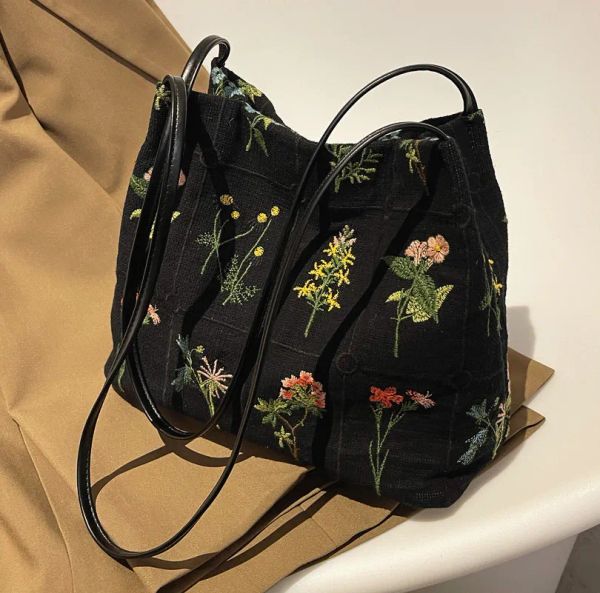 

Luxury Brand Large Flowers Tote Bag 2025 New High-quality Fabric Women's Designer Handbag High Capacity Shoulder Bags, Black