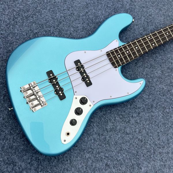 

Sleek Offset-Style Bass: Light-Blue Gloss, White Pickguard & Black Pickups